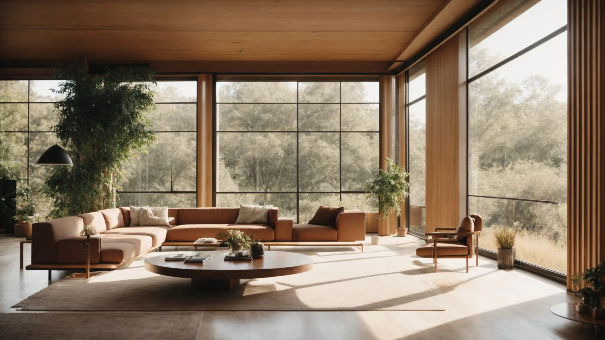 a spacious, sunlit room featuring large windows that maximize natural light, with a focus on minimalist design and natural materials.
