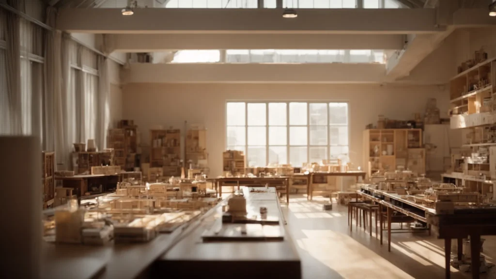 a spacious room filled with architectural models and open blueprints on a large table illuminated by soft, natural light.