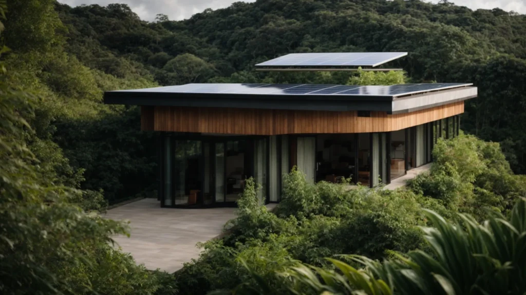 a modern building embedded in lush greenery, with solar panels on the roof and a rainwater collection system nearby.