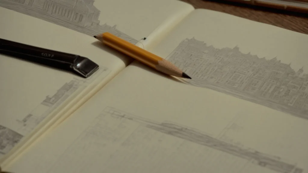 a pencil rests on a desk beside a sketchbook open to a page filled with the detailed outlines of a building.