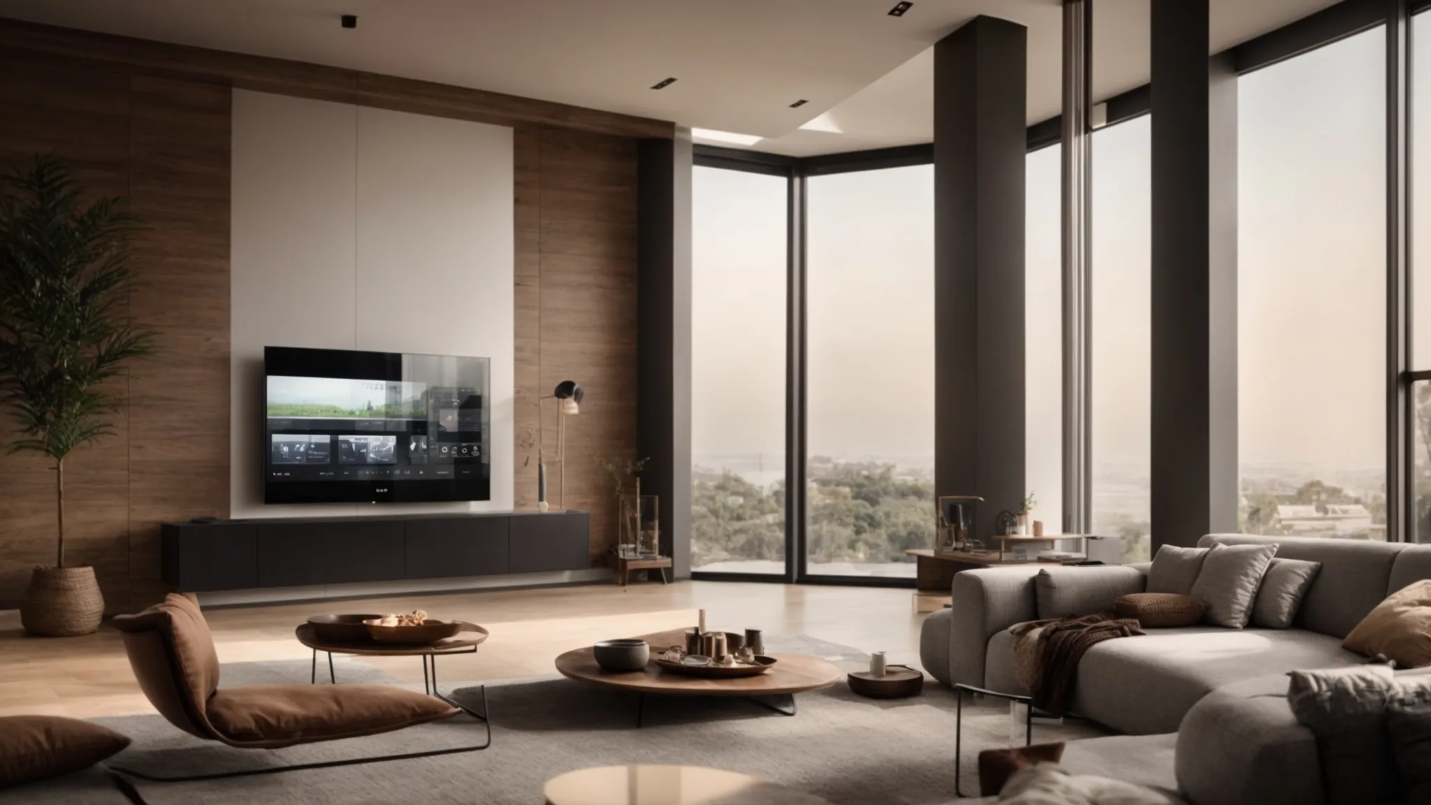 a modern living room softly lit with natural light, showcasing an elegant digital interface on a wall for controlling various smart home features.