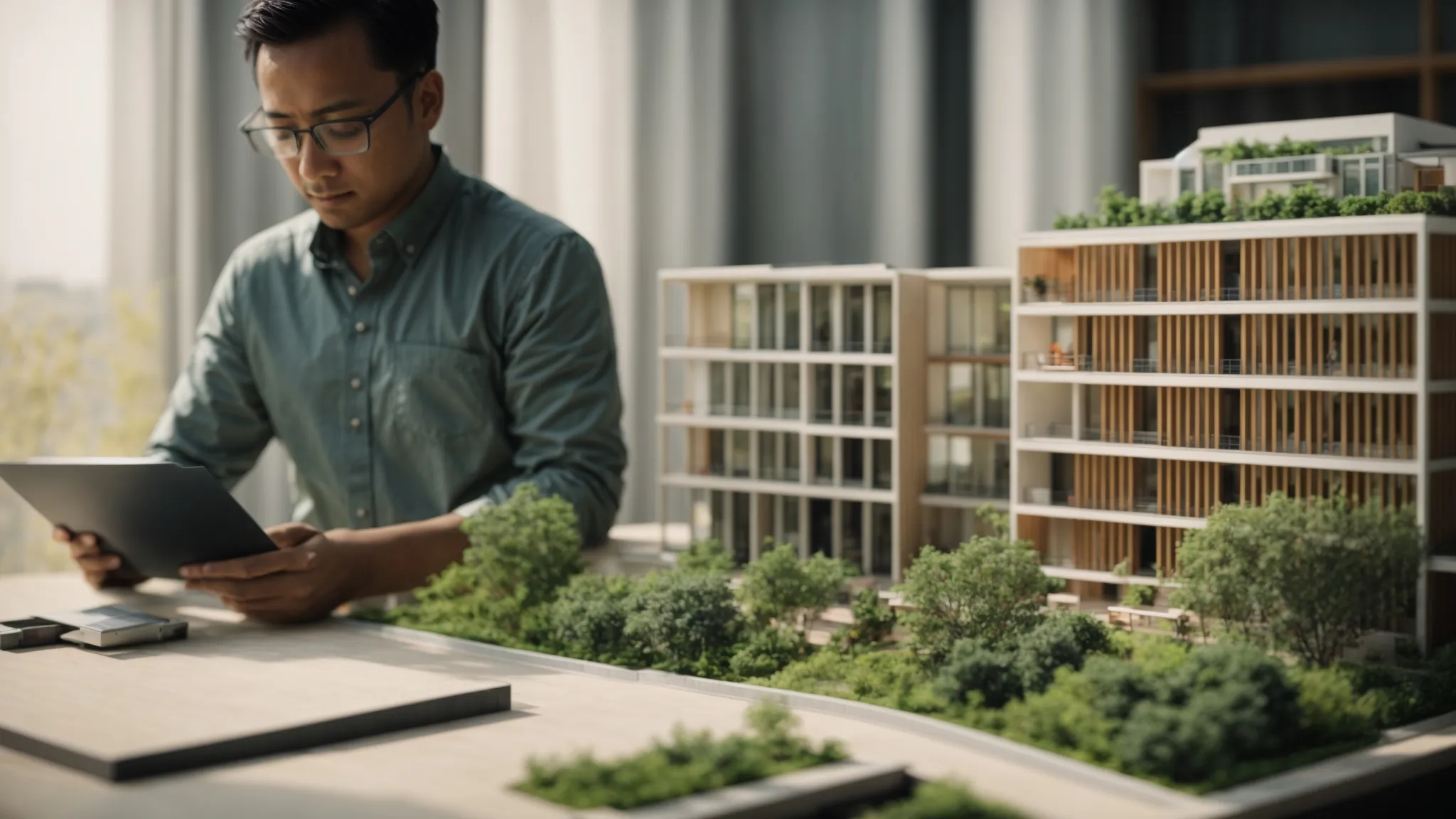 an architect examines a model of a building integrated with green spaces and solar panels under natural light.